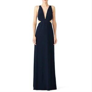 Halston Heritage Size 8 Deep V Neck Shift Maxi Dress Blue Cut Out Sleeveless 2